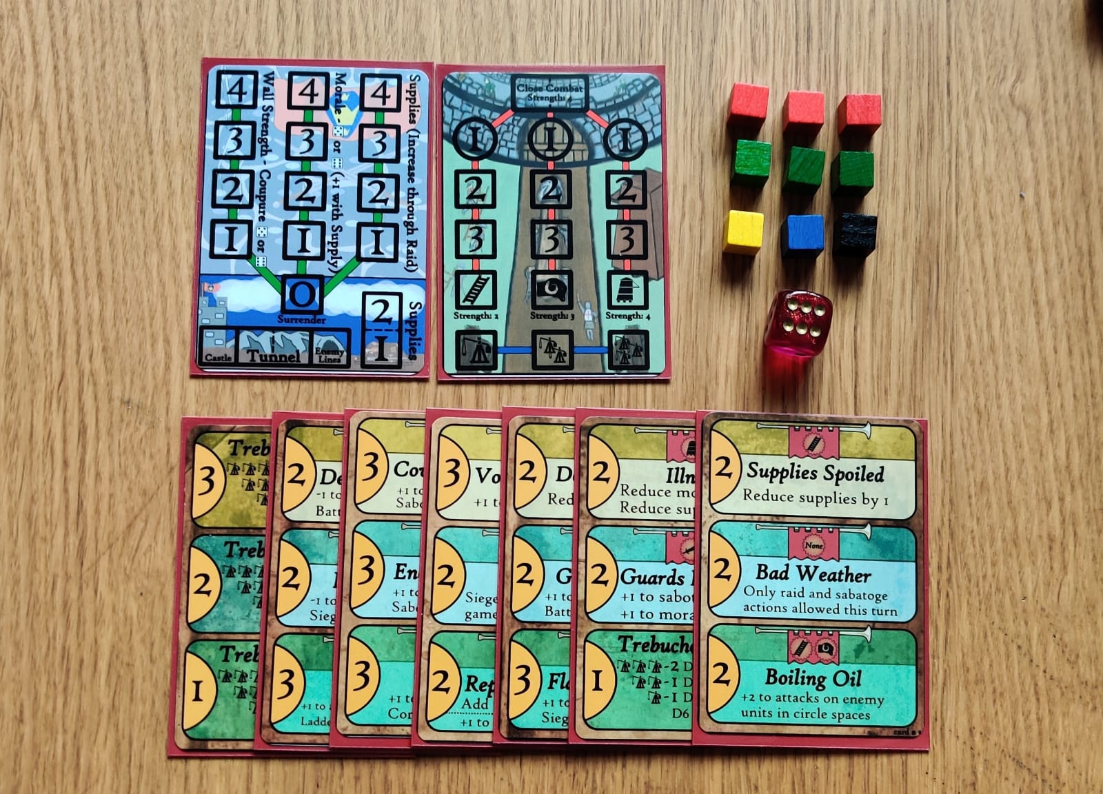 cards, cubes and a die