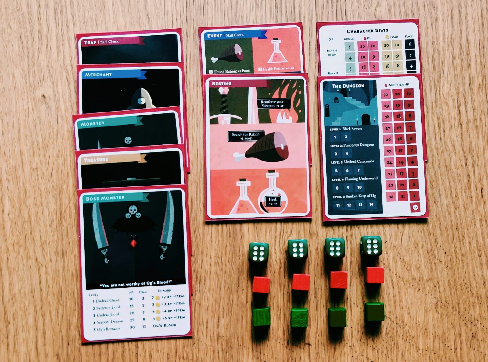 Cards, dice and cubes on table