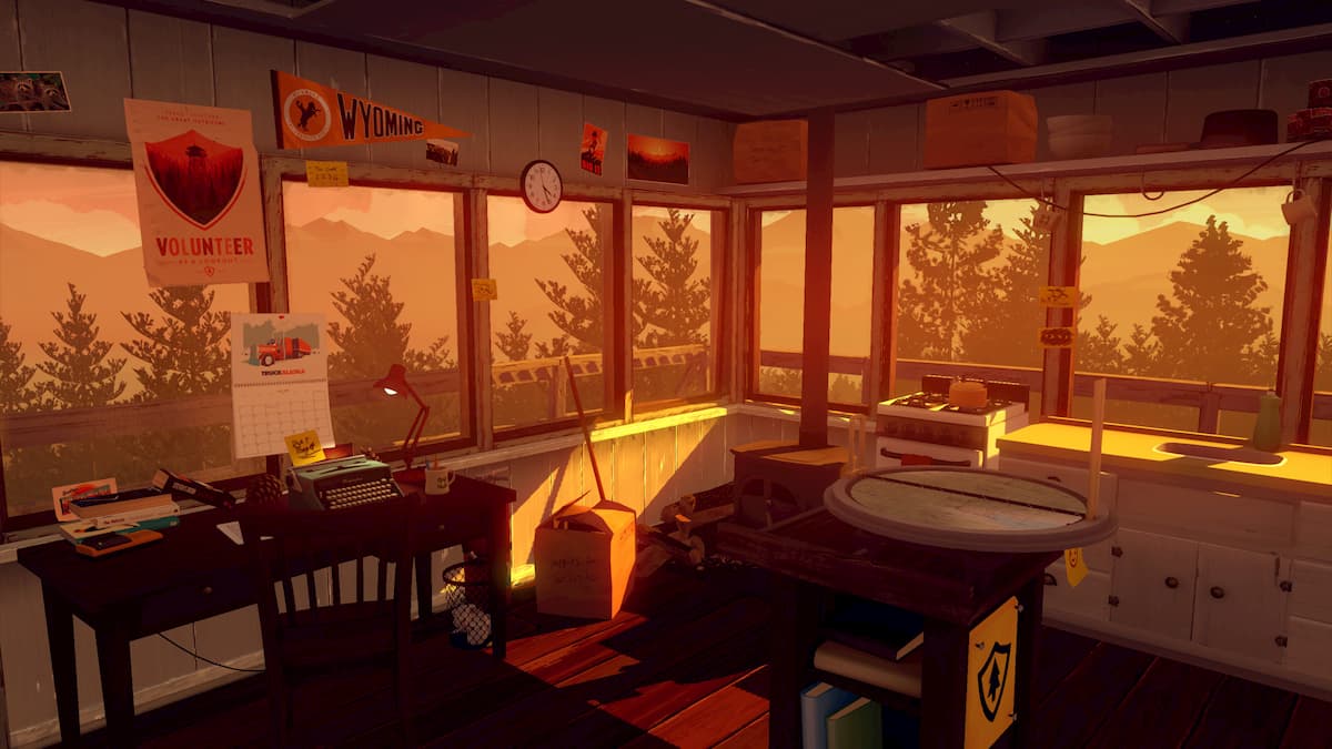 A fire lookout tower during sunset in Firewatch