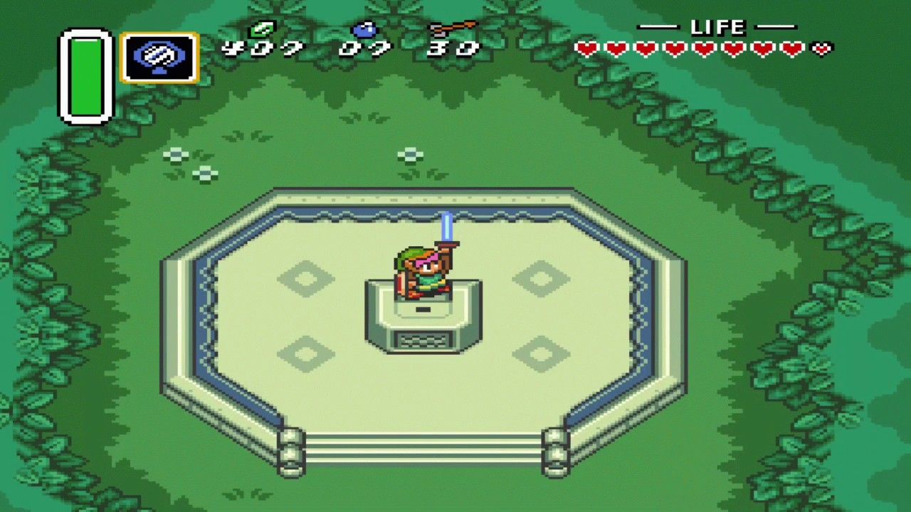 Link raising Master Sword in Link to the Past