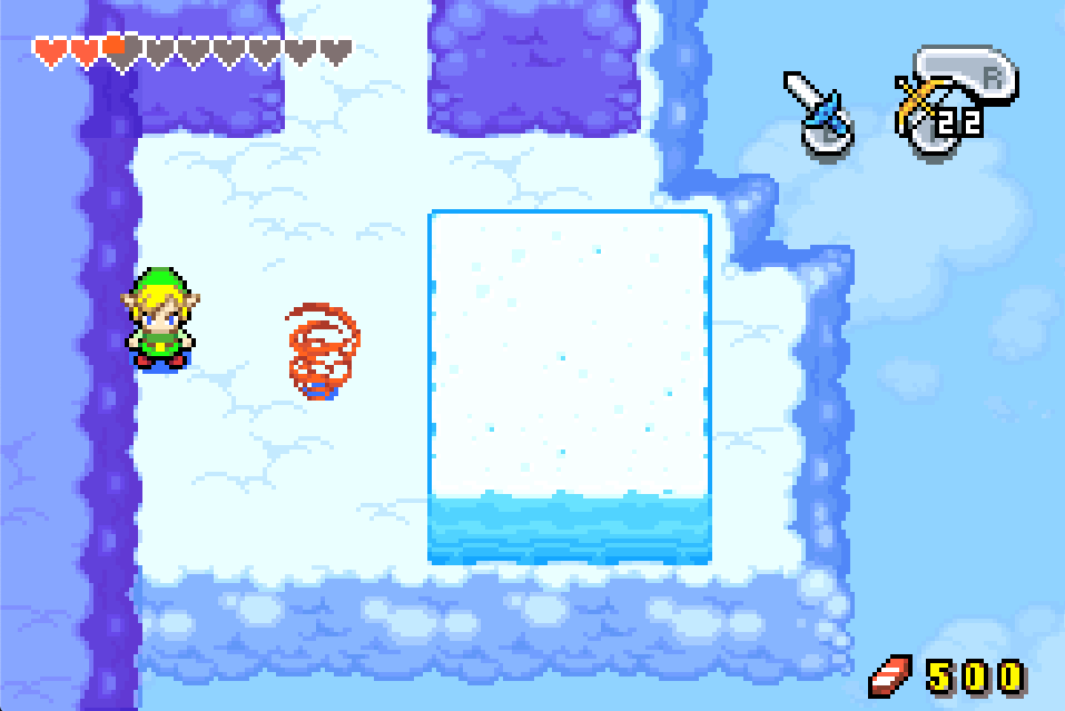 Link walking on clouds next to a red whirlwind and huge block of cloud thing