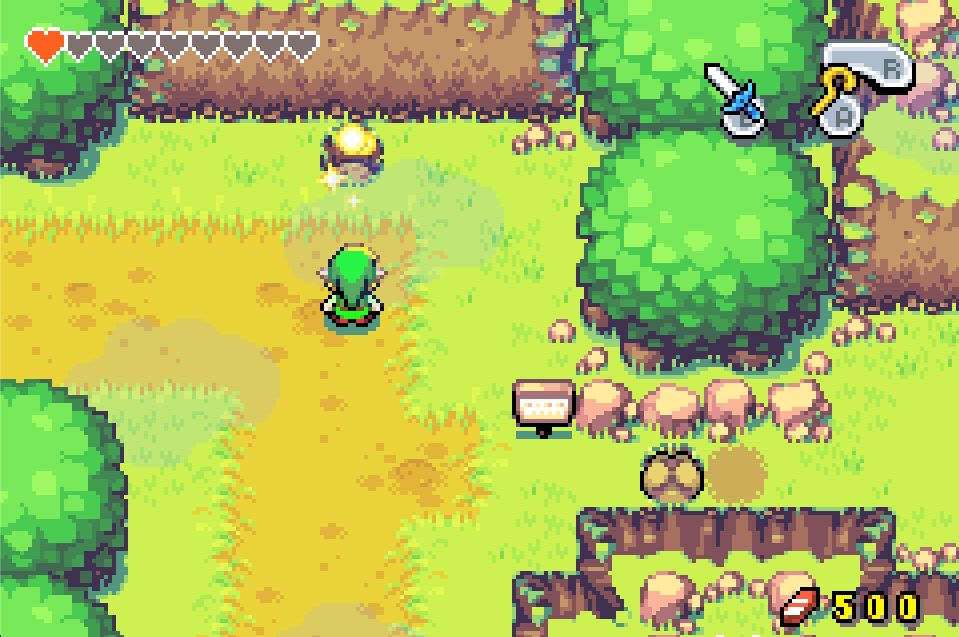 A yellow glow of magic inside and around a pothole with Link standing a few tiles away