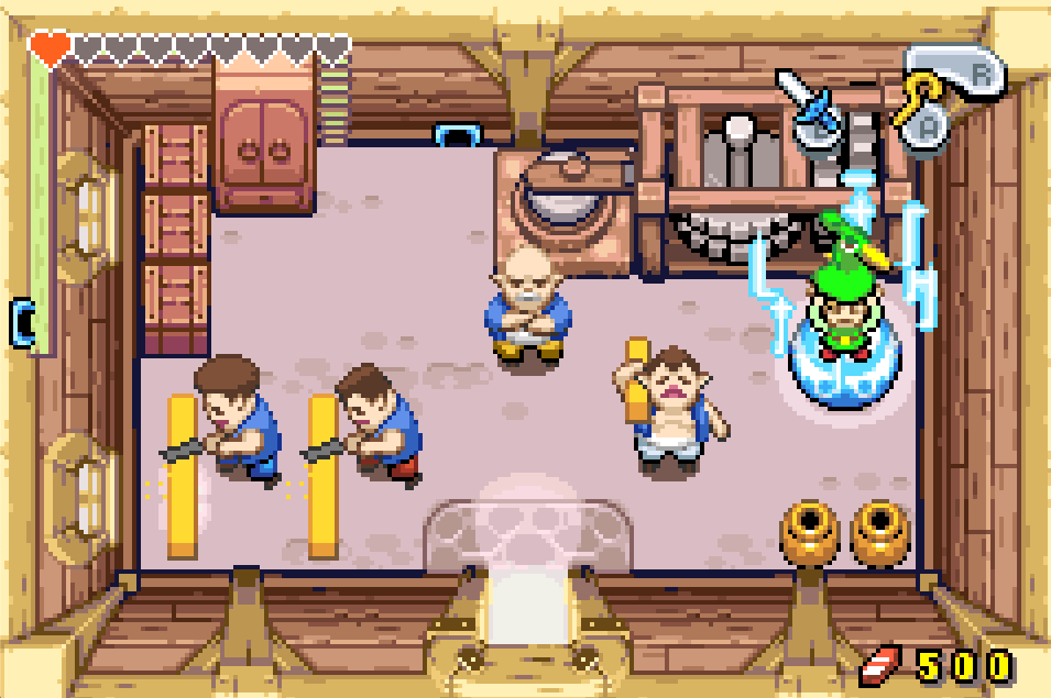 A pixel art workshop with Link standing on top of a ceramic pot being transformed into a tiny Link