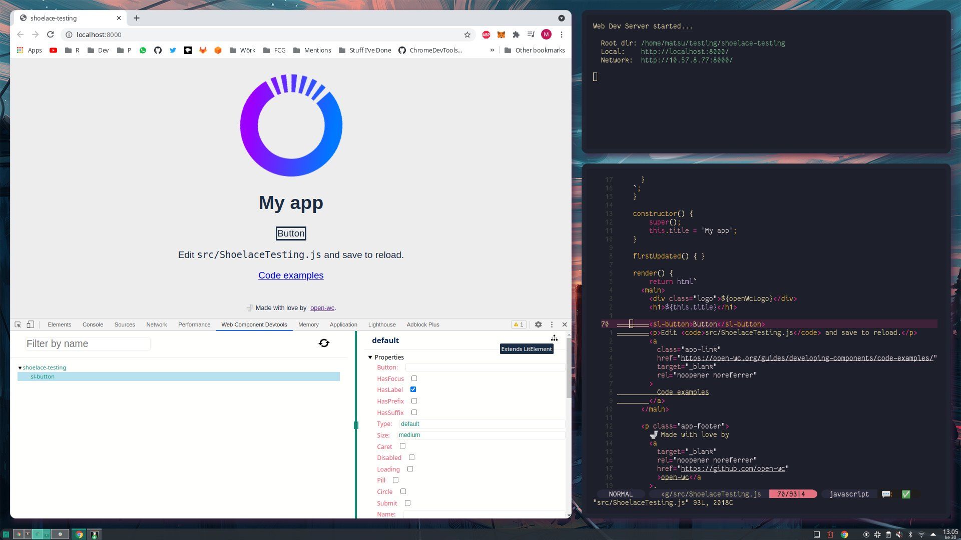 A screenshot showing a web site with Web Components dev tools panel open