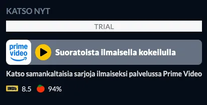 Just Watch search result with a Prime Video ad posing as a way to stream a series.