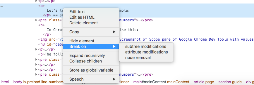 Screenshot of setting
a DOM breakpoint in Chrome
