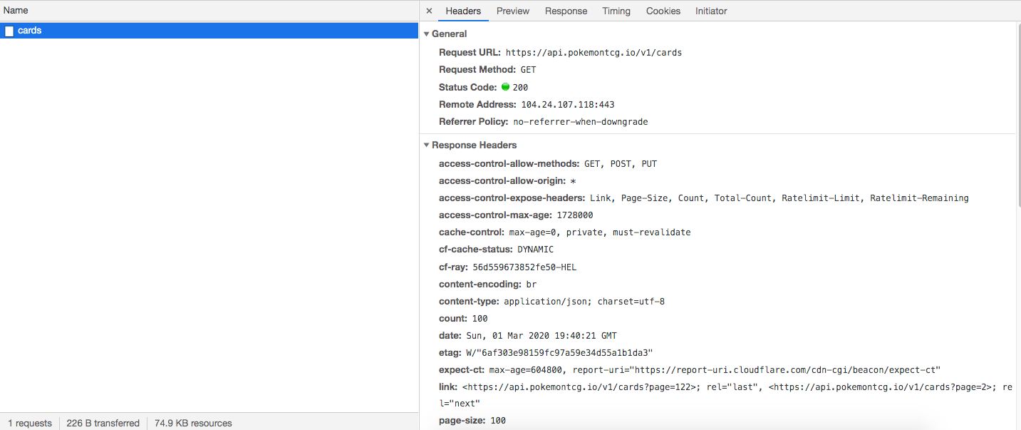 Screenshot of HTTP request to
PokemonTCG.io API