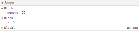 Screenshot of Scope pane of Google Chrome Dev Tools with values square = 25 and i = 5