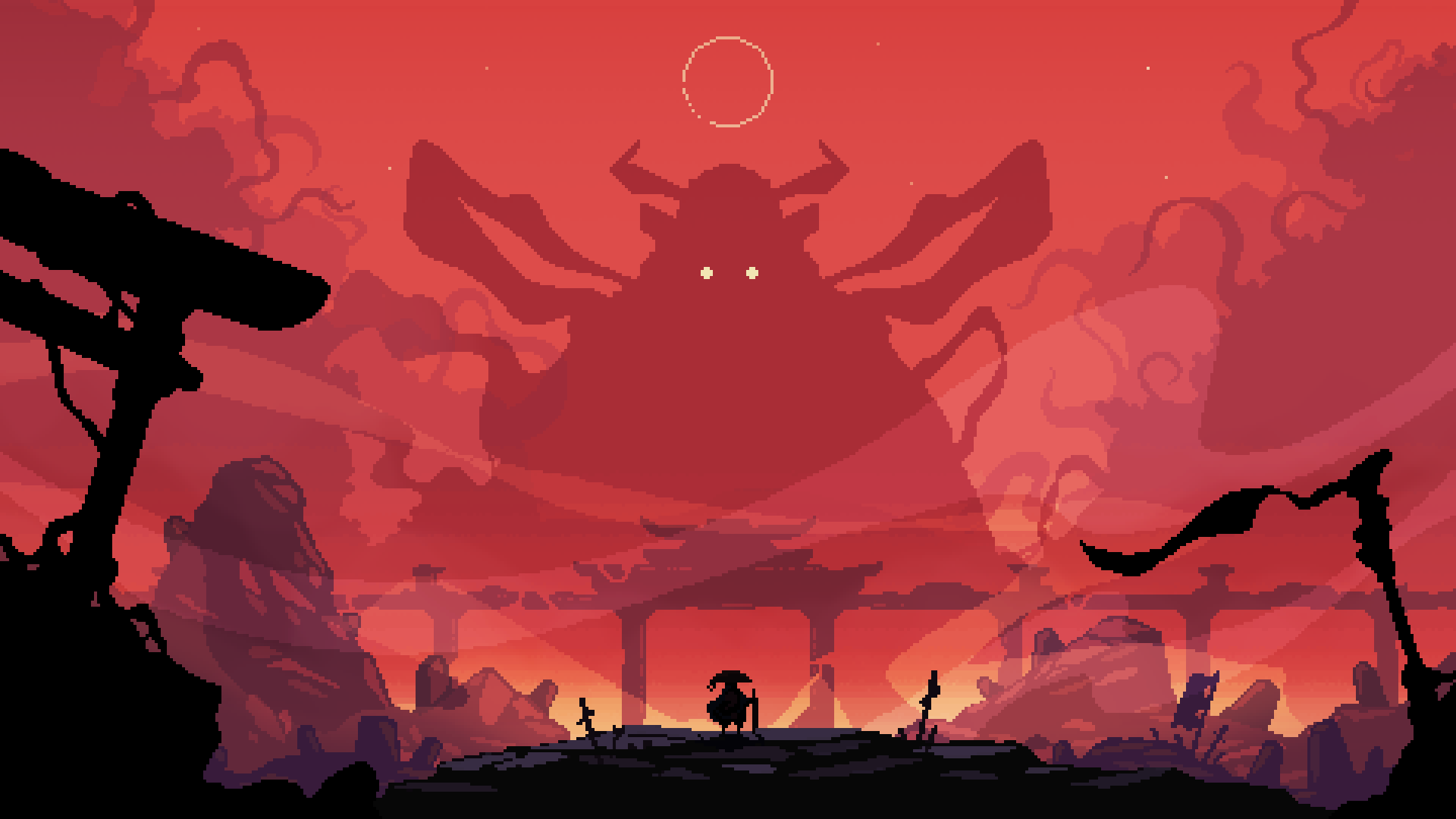 Shogun Showdown banner with a small shogun warrior standing in ruins with a massive shadow of a shogun in the horizon