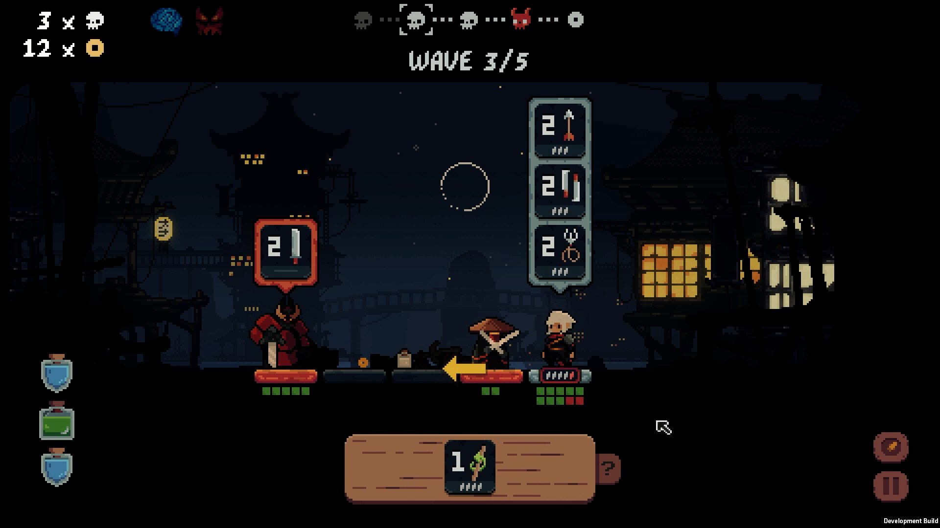 A combat in Shogun Showdown with two enemies and a player character ready to strike