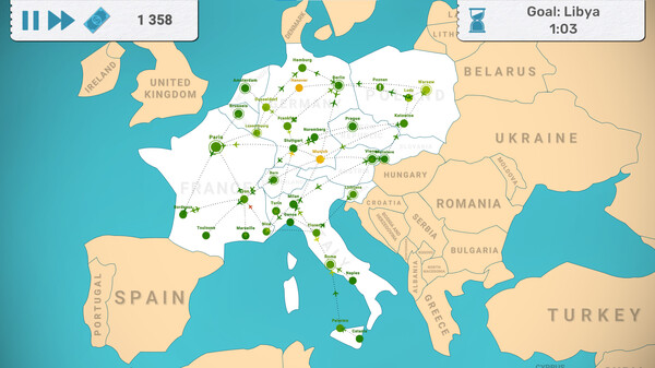 Map of central and southern Europe in Fly Corp with the central European countries active and bunch of flight routes connected between the cities