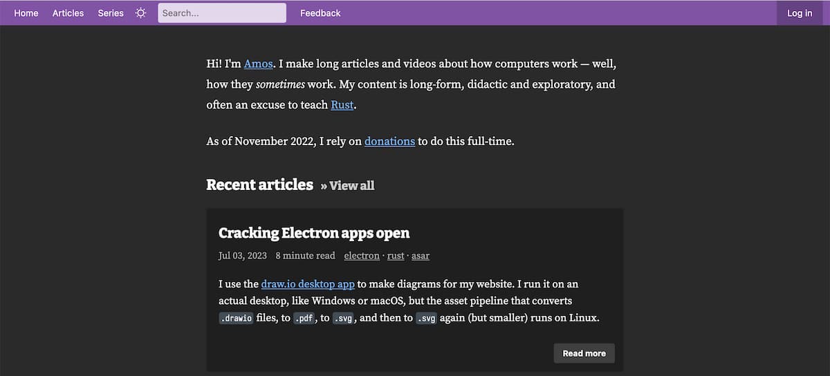 Screenshot of Amos Wenger’s website at fasterthanli.me