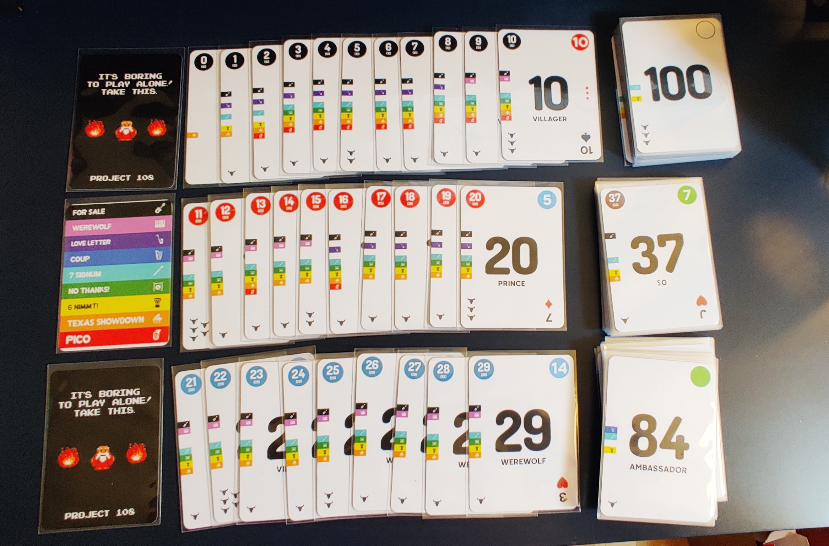 Three rows of cards slightly overlapping each other. 