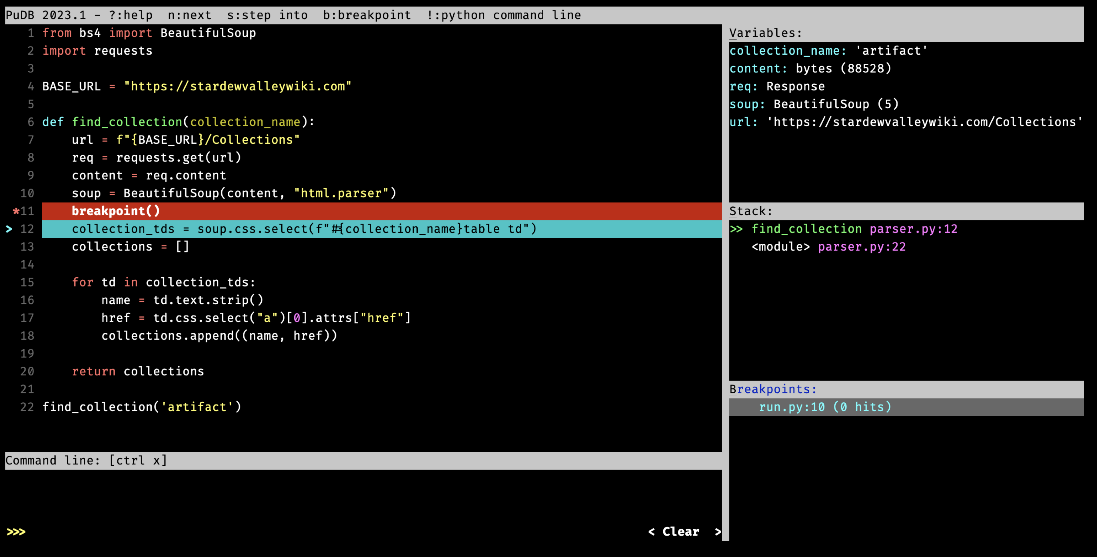 PuDB debugger open in the terminal with five panes: code, variables, stack, breakpoints and command line. A breakpoint is active.
