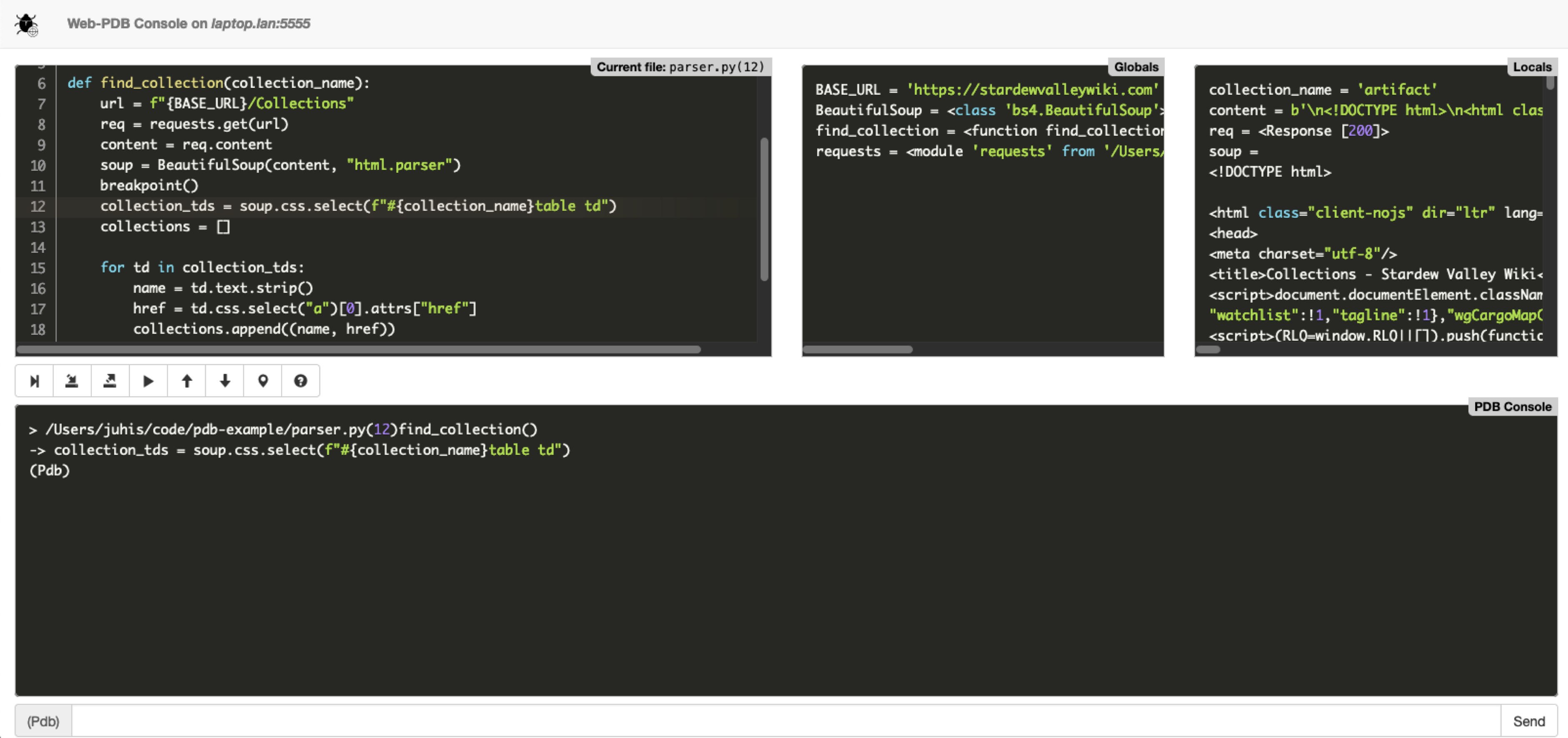 web-pdb debugger active on a browser with four panes: code, globals, locals and pdb console