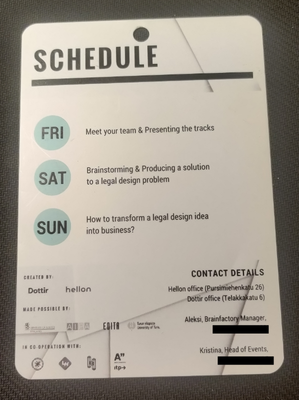 A backside of a hackathon badge with schedule overview for Friday through Sunday, sponsor logos and contact details with phone numbers censored with black bars.