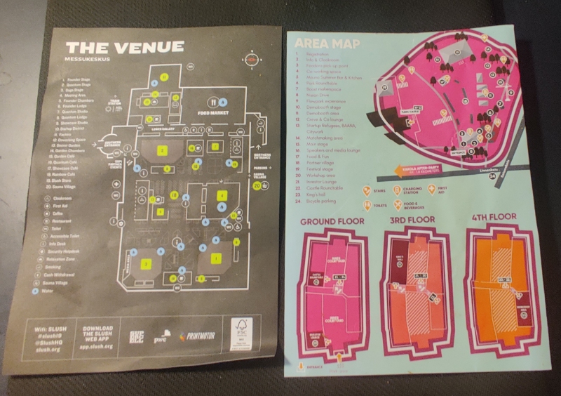 Two conference badge backsides with maps and their legends.