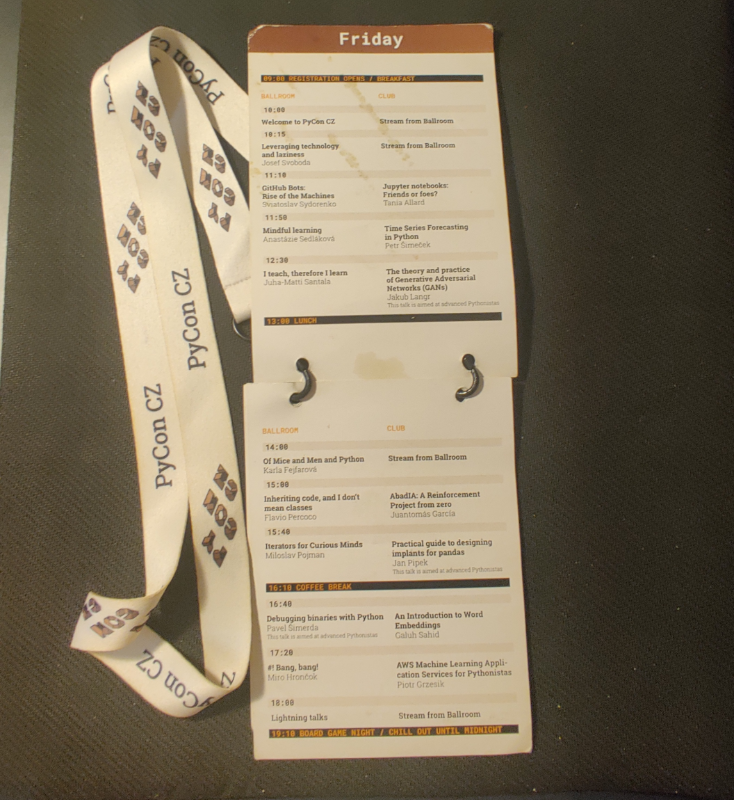 A two-page inside of a conference badge with schedule of Friday with two tracks.