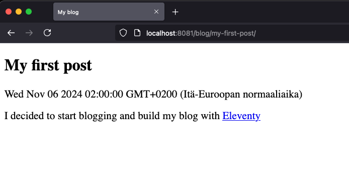 Website with a heading My first post, a date in long format Wed Nov 06 2024 02:00:00 GMT+0200 (Itä-Euroopan normaaliaika) and a single line of text