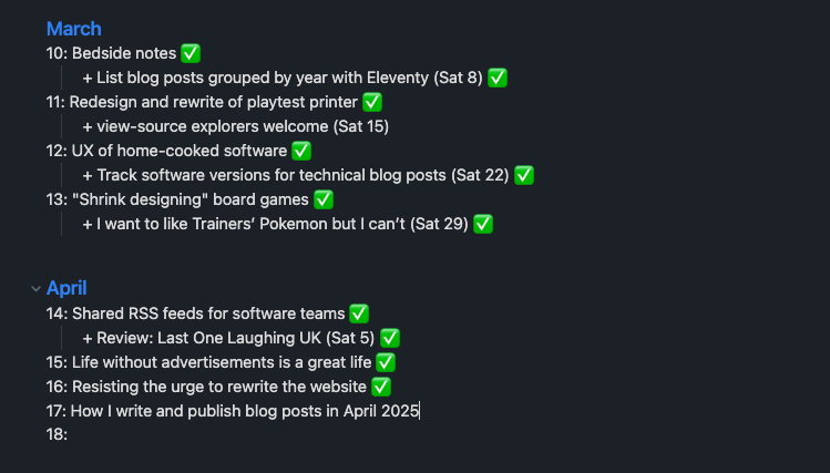 A digital note with two subheadings March and April and beneath both are lists numbered with weeks, each following a blog post title and all but last have a green checkmark at the end. The last title is this blog post for week 17.