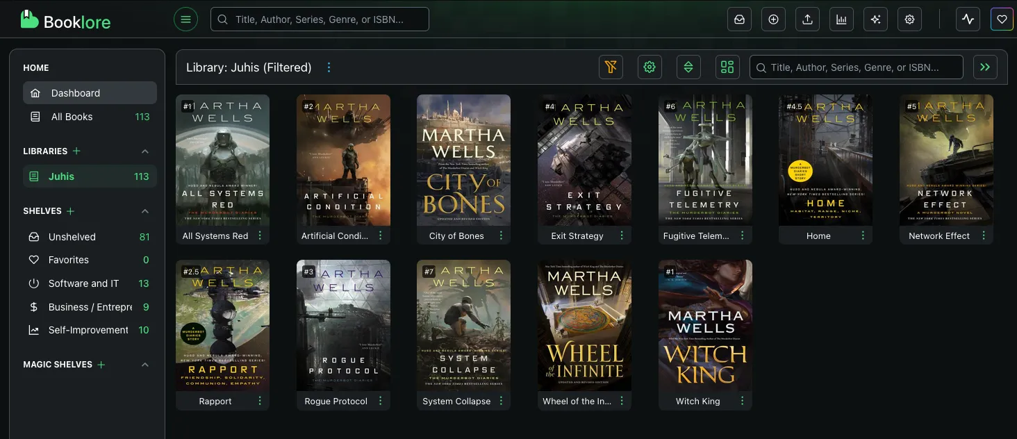 Screenshot of Booklore web app with 12 Martha Wells’ books shown out of 113 books total in library. 