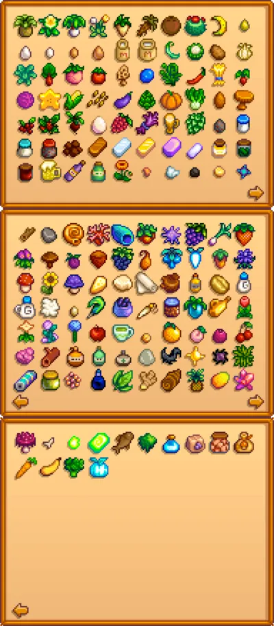 154 items of Stardew Valley shipping collection, split to three individual screens. A full list of these items can be found in the wiki linked above. 