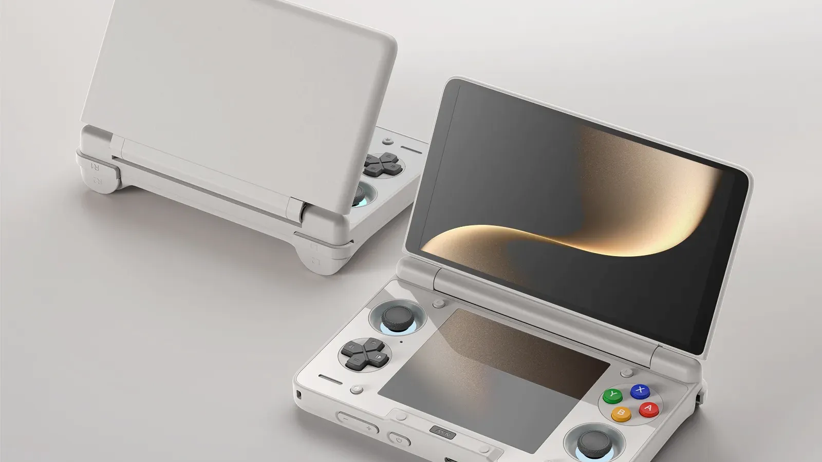 Two AYN Thor clamshell handheld devices. Both of them are open: one is facing the camera exposing its two screens and controllers and the other facing away from the camera showing its backside. 