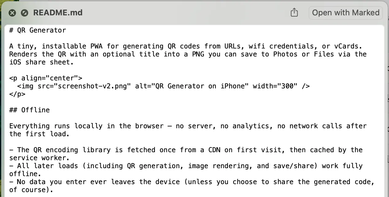 MacOS preview for a readme.md file, showing the text as black plain text on white background. 