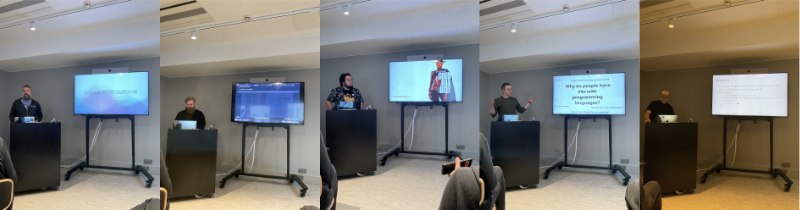 A collage of five photos of five people speaking at a speaker booth with a TV showing their slides. 