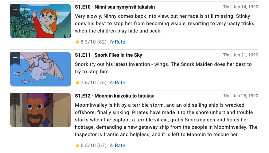 A screenshot from IMDB showing episodes 10 to 12 for Moomin, with episode 10 having Finnish title Ninni saa hymynsä takaisin, episode 11 having English title Snork flies in the sky and episode 12 having Japanese title Moomin kaizoku to tatakau. 