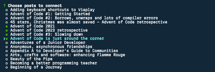 Multiselect checkbox view on the command line, showing a list of 15 posts, some of them selected