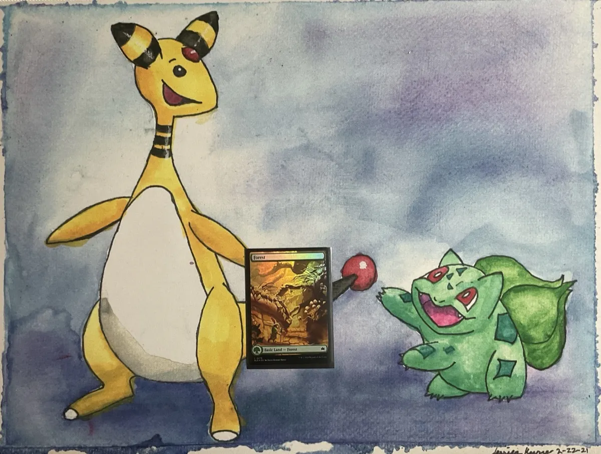 A full art Bloomburrow Magic the Gathering card Forest played on a playmat