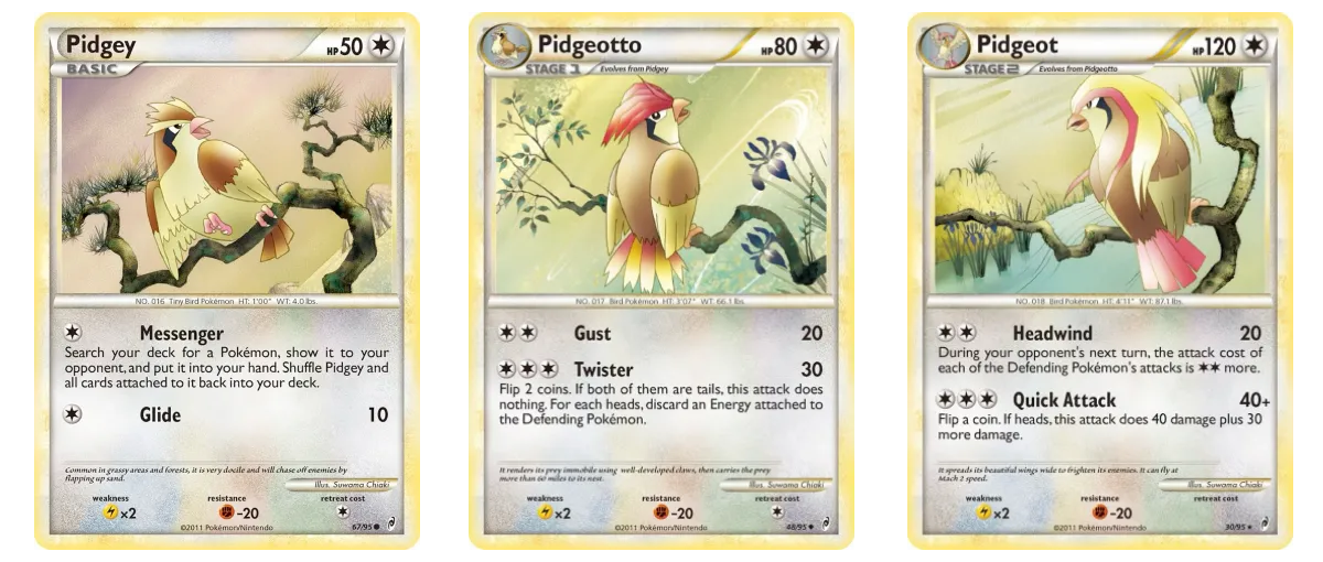 Pidgey, Pidgeotto and Pidgeot TCG cards that all share a similar art style with the birds sitting on tree branches looking majestic.
