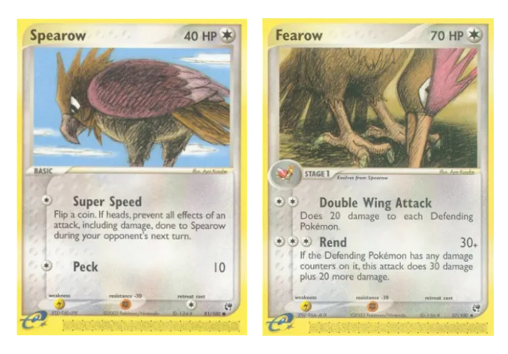 Spearow and Fearow TCG cards with a bit of coal painting style