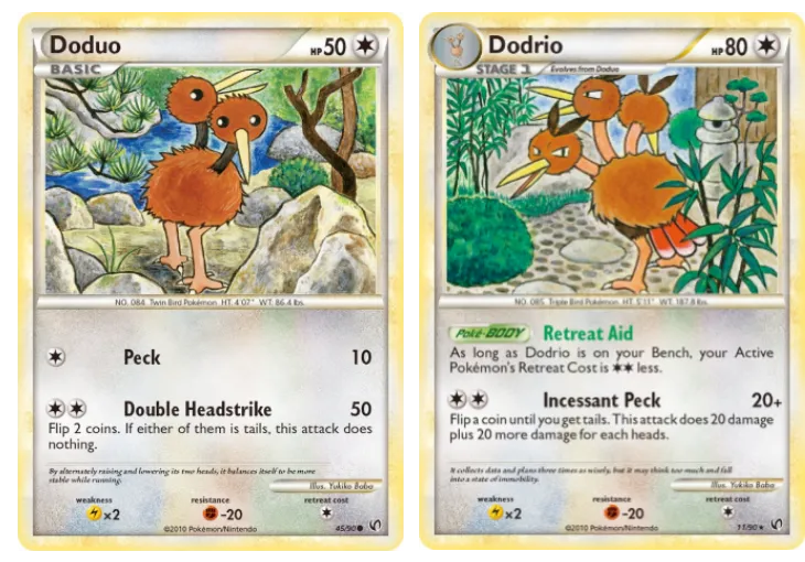 Colour pencil illustrations in Doduo and Dodrio TCG cards