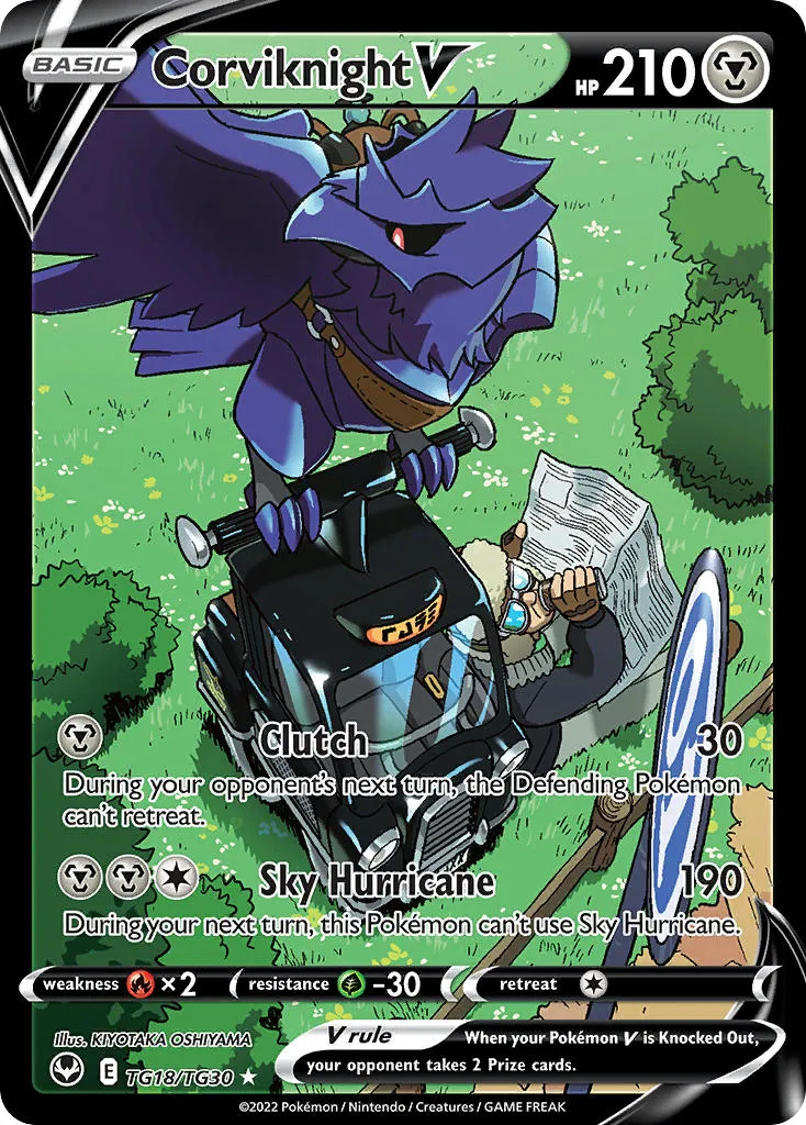 A full art Corviknight V TCG card with anime style art or Corviknight lifting a small car or boxed moped into air.