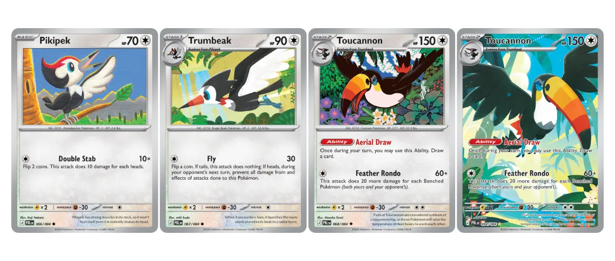Regular Pikipek, Trumbeak and Toucannon from Pitch Black and an illustration rare of Toucannon from the same set.