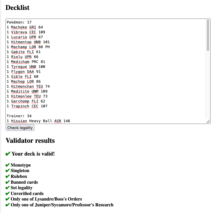Screenshot of GLC Decklist Validator with a valid fighting deck that passes all checks