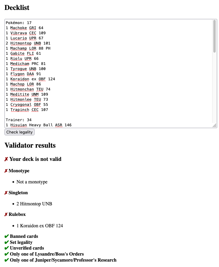 Screenshot of fighting type GLC deck that fails monotype, singleton and rulebox checks