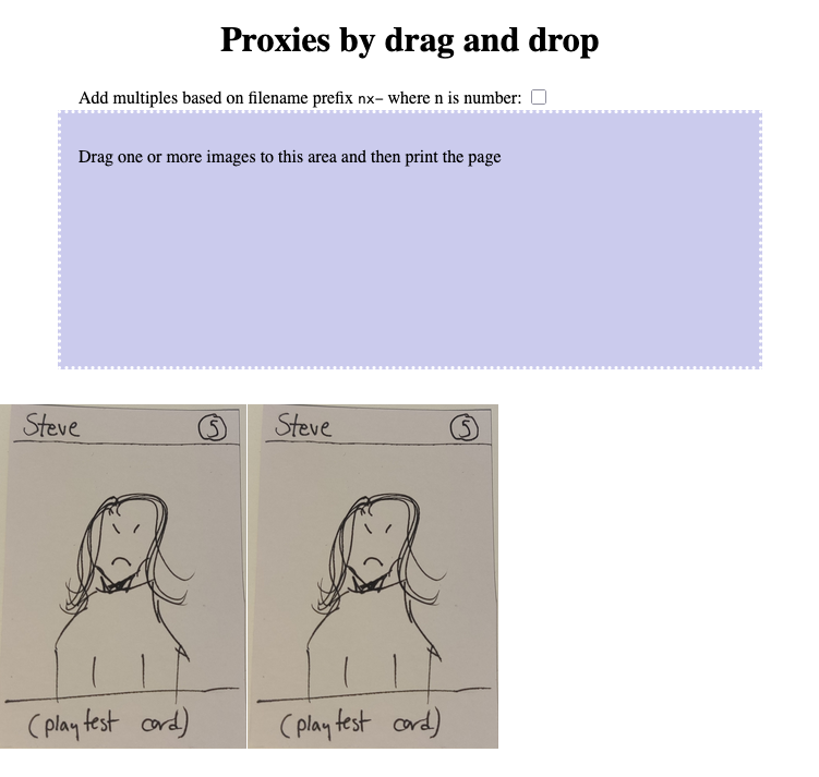 Screenshot of a web page with heading Proxies by drag and drop, a purple drop zone and two hand-drawn cards named Steve.
