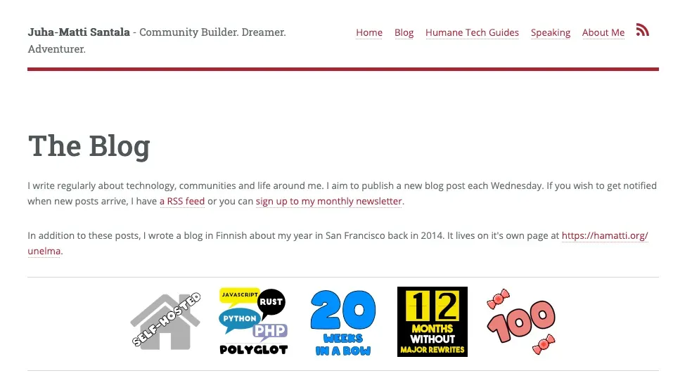 A screenshot of my blog index with five custom badges for self-hosting, polyglot, 20 weeks in a row, 12 months without major rewrites and 100 posts.