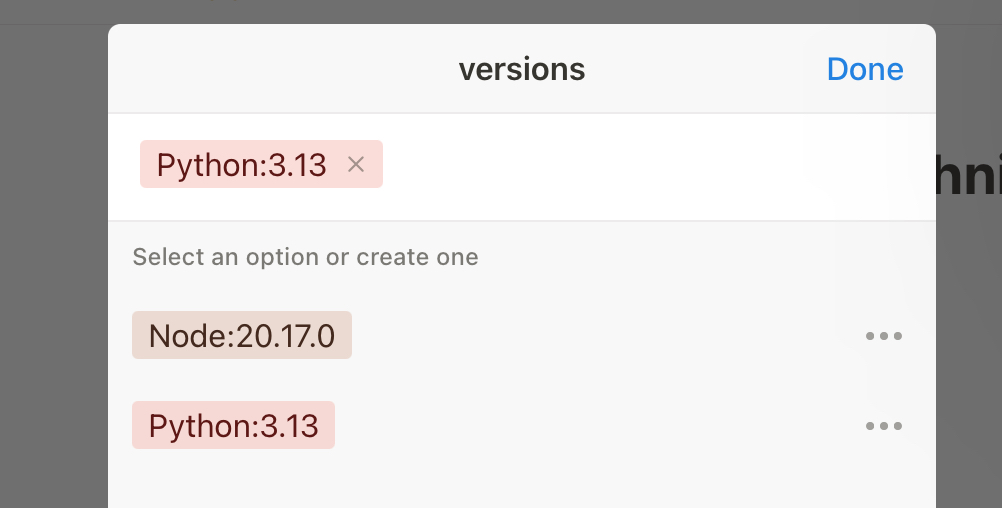 Notion’s multiselect input for property versions with Python:3.13 selected and Node:20.17.0 as an option.
