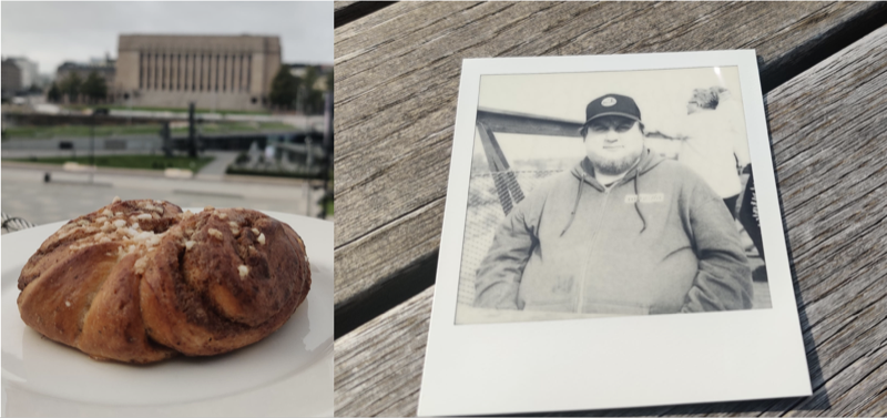 Two photo collage: on left, a cinnamon bun on a plate with the Finnish Parliament House on the background. On right, a photo of an overexposed polaroid photo of me sitting on the outdoor rooftop terrace of Oodi.