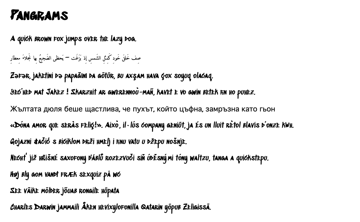 A list of pangrams in different languages in Sedgwick Ave Display, mostly working fine except for cyrillic