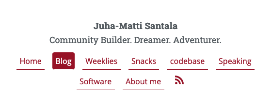 Screenshot of the navigation of this website with Blog link highlighted as current page