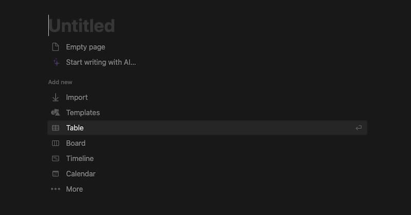 New empty page in Notion with Table template highlighted