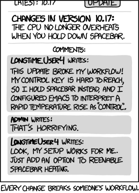 XKCD comic of a software changelog that states: The CPU no longer overheats when you hold down space bar. A comment from LongTimeUser4: This update broke my workflow! My Control key is hard to reach, so I hold spacebar instead, and I configured Emacs to interpret a rapid temperature rise as “control”. Admin responds: That’s horrifying. LongTimeUser4 replies: Look, my setup works for me. Just add an option to re-enable spacebar heating. 