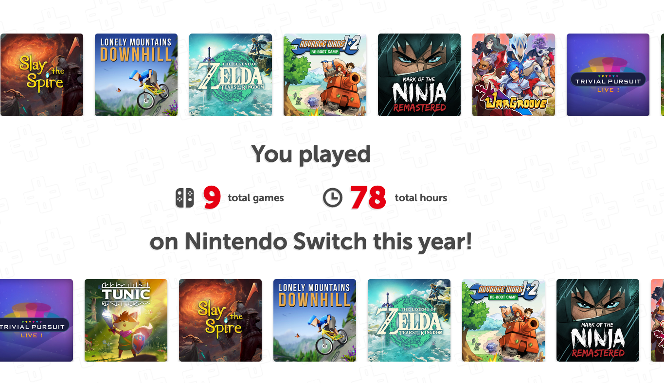 Nintendo Switch recap with 9 total games and 78 total hours played this year. Game art shown around from various different games.