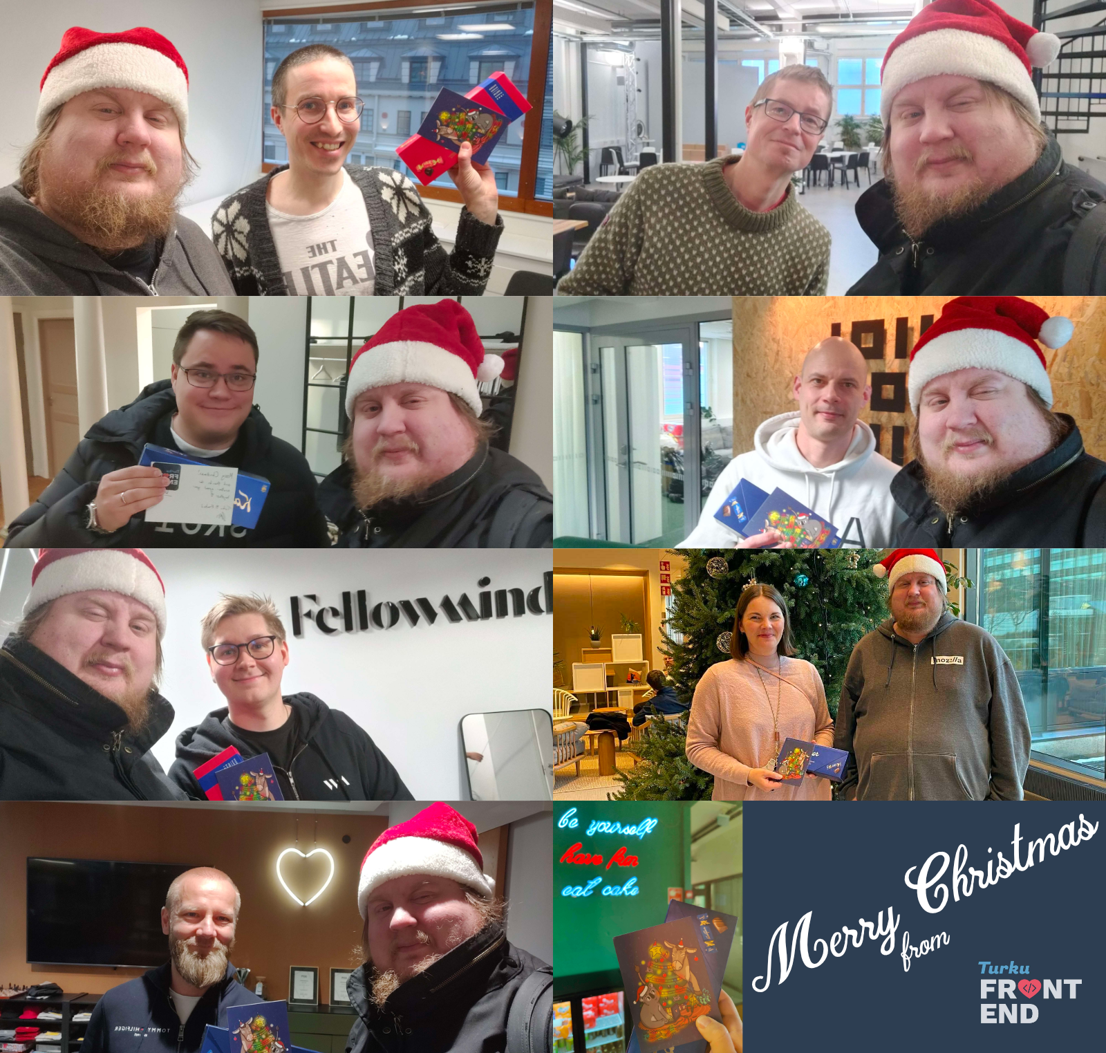 A collage of 7 selfies of Juhis wearing a Santa hat with various other people holding boxes of chocolate and Christmas cards. In the bottom right, a text “Merry Christmas from Turku Loves Frontend”